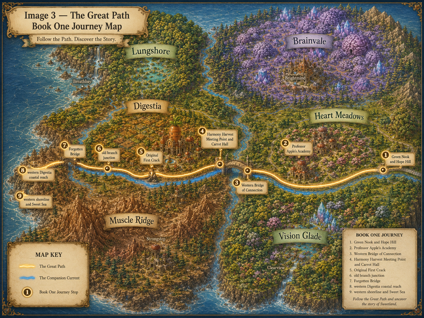 Book One journey map with nine stops from Green Nook and Hope Hill, past Professor Apple’s Academy, the Western Bridge of Connection, Harmony Harvest and Carrot Hall, the Original First Crack, old branch junction and Forgotten Bridge, to the western coast and Sweet Sea.