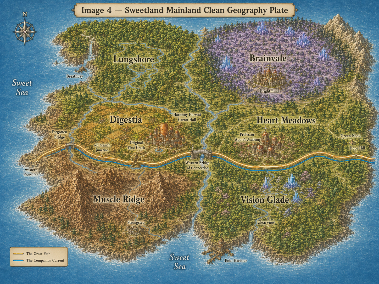 Map of Sweetland, with the golden Great Path and blue Companion Current crossing the mainland towards the Sweet Sea.